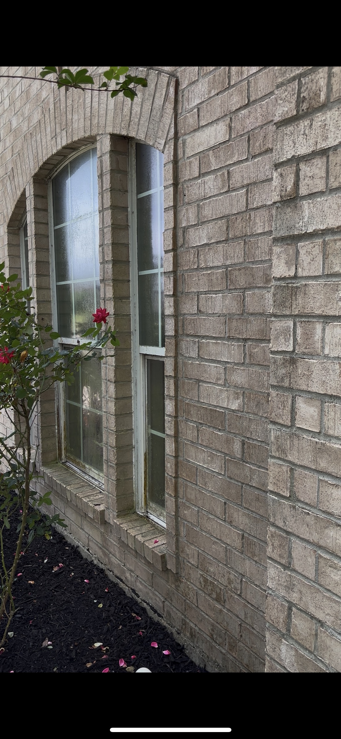 Stained brick wall and dirty windows before